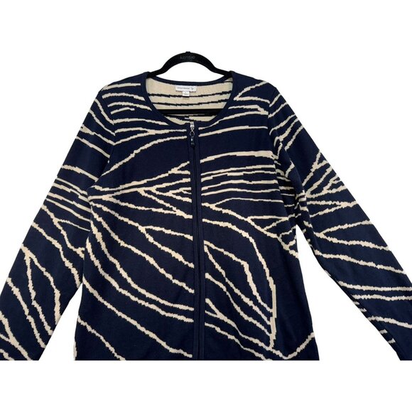 Susan Graver Womens Zip-Up Cardigan Sweater L Dark Navy & Beige Abstract Print - Picture 5 of 10
